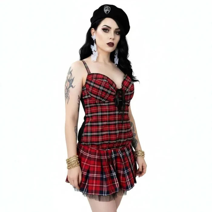 Plus Size Red Tartan Bustier Top with lace-up front sweetheart neckline and black back panel