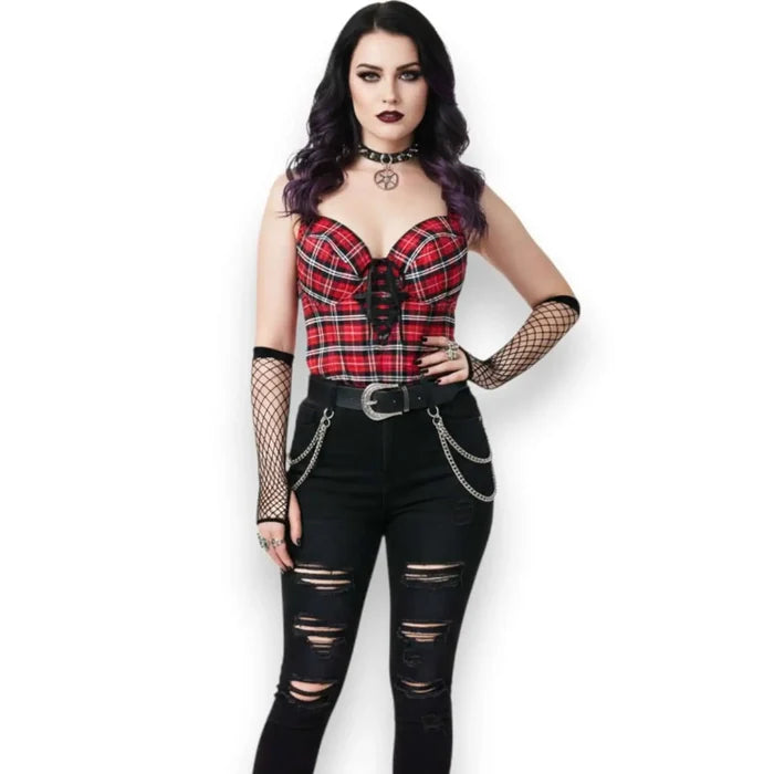 Plus Size Red Tartan Bustier Top with lace-up front sweetheart neckline and black back panel hook eye closure