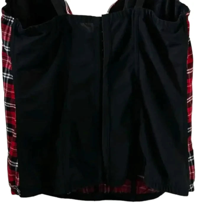 Plus Size Red Tartan Bustier Top with lace-up front sweetheart neckline and black back panel hook eye closure