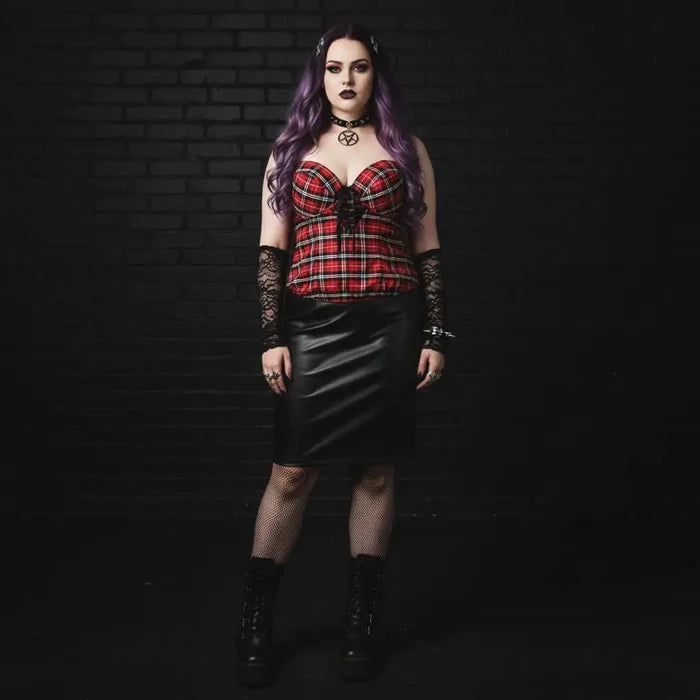 Plus Size Red Tartan Bustier Top with lace-up front sweetheart neckline and black back panel hook eye closure