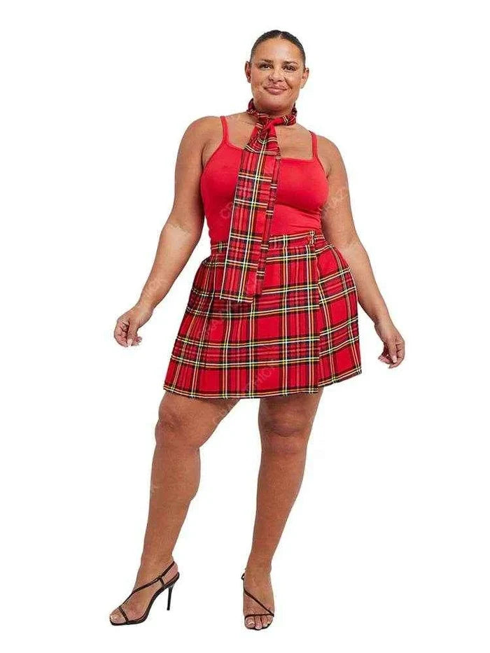 Plus Size Tartan Pleated Wrap Over Buttoned Kilt Skirt