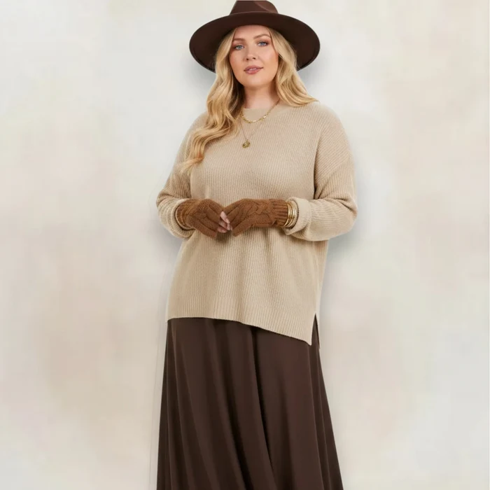 Plus Tan Lightweight Ribbed Knit Sweater with long sleeves and high-low split hem