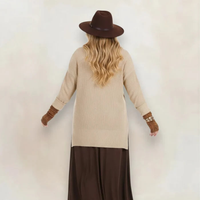 Plus Tan Lightweight Ribbed Knit Sweater with long sleeves and high-low split hem
