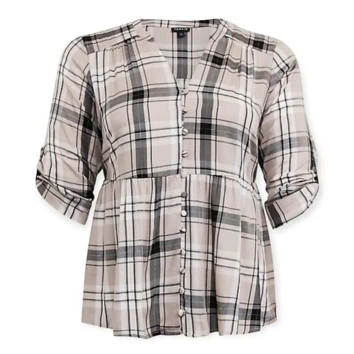 Women's Plus V-Neck Button Down Multicolor Plaid  Shirt -Plus Size 1x or 2X- Wild Time Fashion