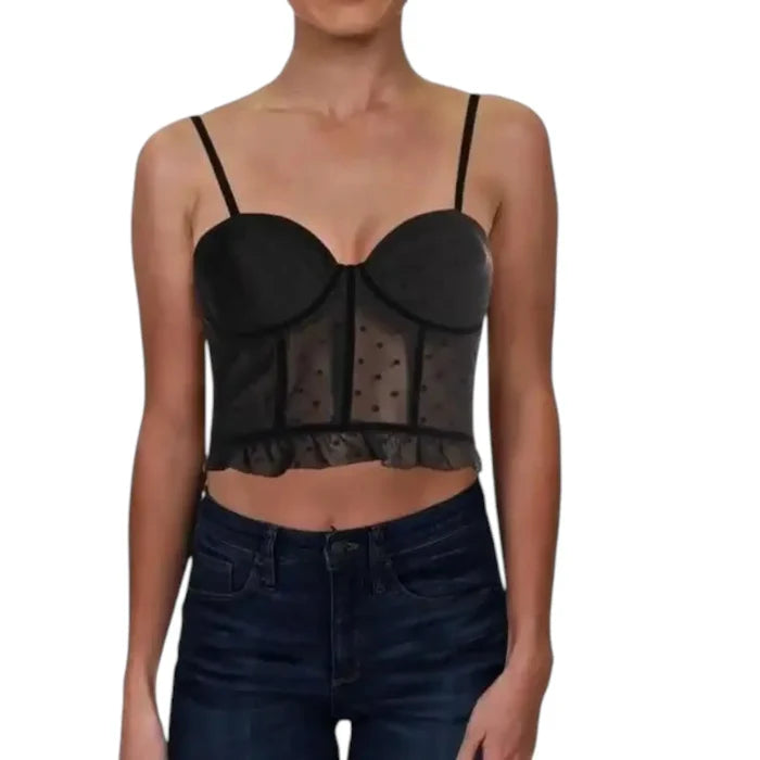 Black polka dot corset cropped top  velvet dots, sheer fabric, ruffle trim and back zipper