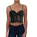 Black polka dot corset cropped top  velvet dots, sheer fabric, ruffle trim and back zipper