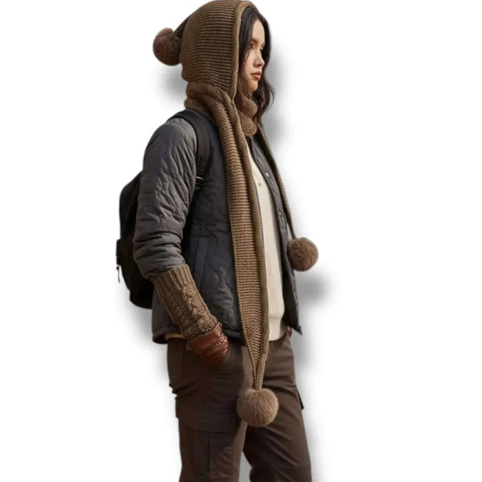 Pom Pom Fur Knitted Hooded Scarf fleece lined beanie hood scarf combo with plush pom poms in brown black or pink winter neck warmer