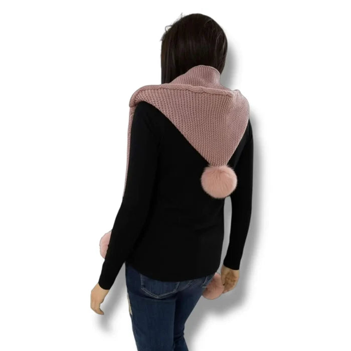 Pom Pom Fur Knitted Hooded Scarf fleece lined beanie hood scarf combo with plush pom poms in brown black or pink winter neck warmer