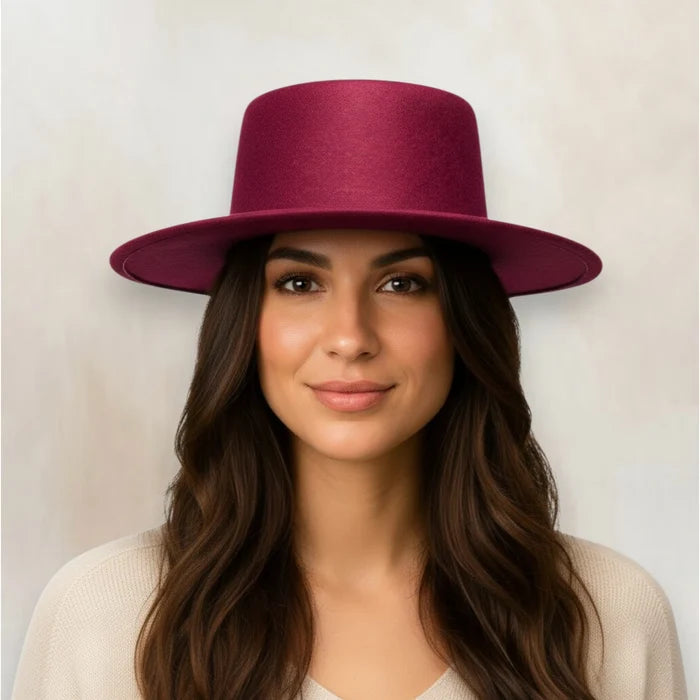 woman wearing maroon red Pork Pie Wide Brim Fedora Hat with telescope crown and structured brim / one size fits most / unisex