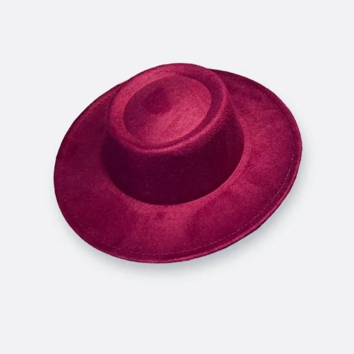 maroon red Pork Pie Wide Brim Fedora Hat with telescope crown and structured brim / one size fits most / unisex