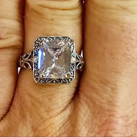 Women's Princess-Cut Zircon Sterling Silver Filagree Ring Size 7