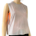 Puma gray white geo workout tank top with V-cutout back, side slits, and sleeveless loose fit