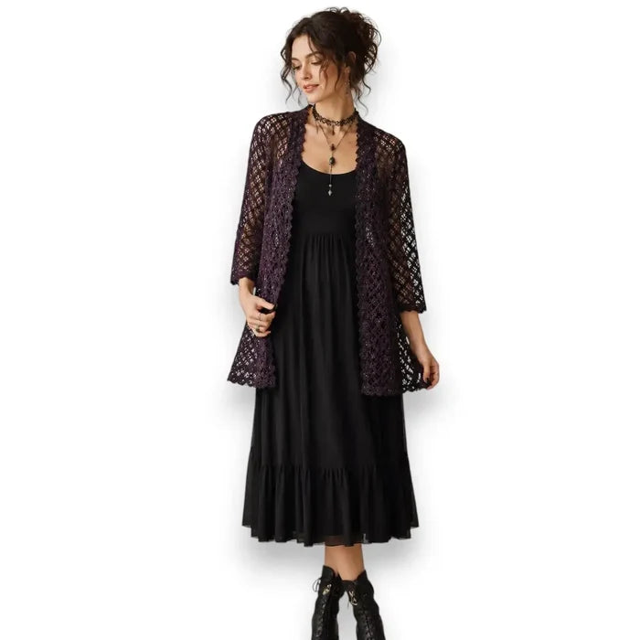 model wearing Purple Black Open Front Mesh Blazer with semi-sheer diamond lattice texture, 3/4 sleeves, romantic boho, gothic layering style