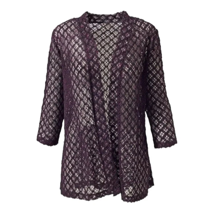 Purple Black Open Front Mesh Blazer with semi-sheer diamond lattice texture, 3/4 sleeves, and gothic layering style flat lay lg