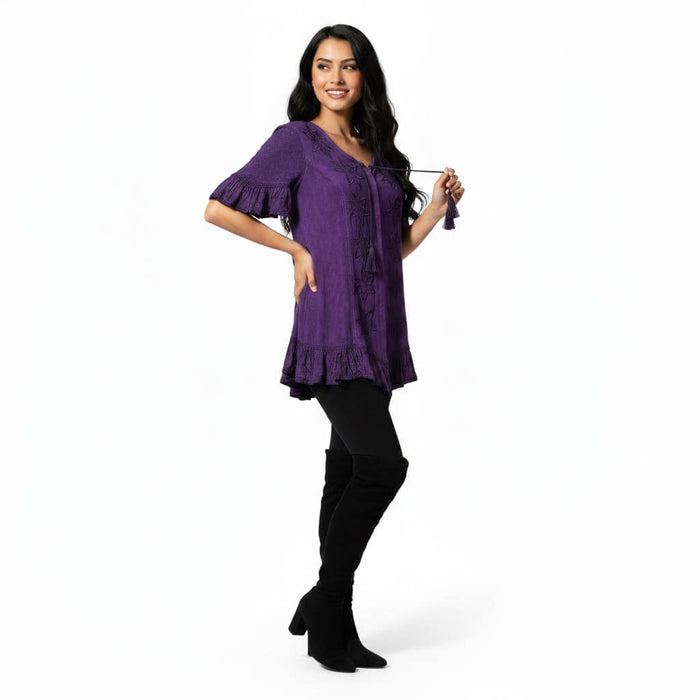 woman wearing Purple Celestial Embroidered Ruffle Tunic Blouse short flutter sleeves / small