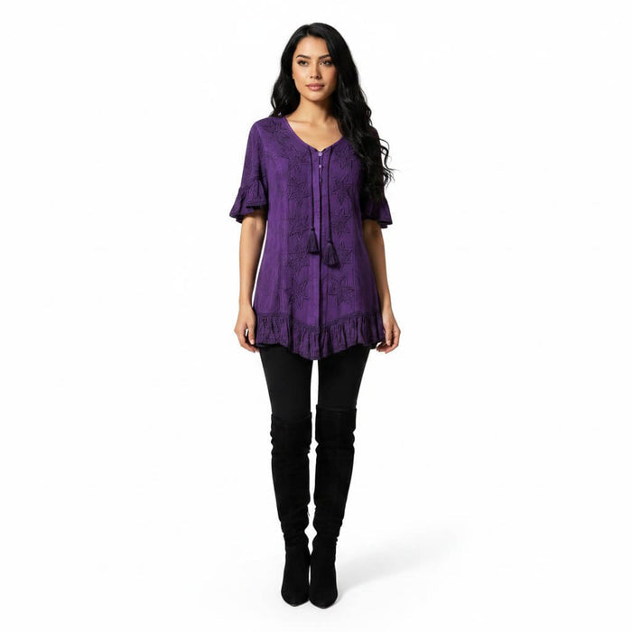 woman wearing Purple Celestial Embroidered Ruffle Tunic Blouse short flutter sleeves / small