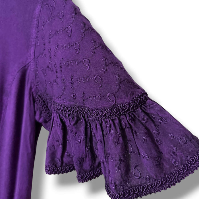 Purple Celestial Embroidered Ruffle Tunic Blouse short flutter sleeves / women's / small