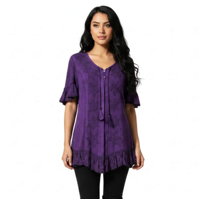 woman wearing Purple Celestial Embroidered Ruffle Tunic Blouse short flutter sleeves / small