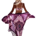 back view woman wearing Purple fringe kimono beach cover up with mandala print, open front, and tassel trim