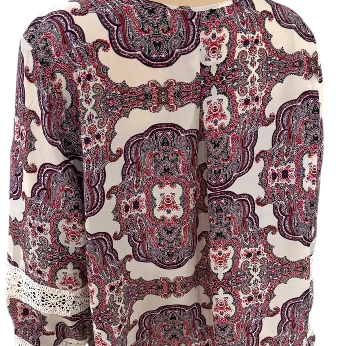 Purple White Paisley Long Sleeve Top Backside paisley plus size blouse in purple, white print