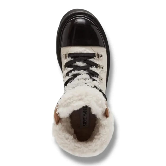 quilted sherpa lace up combat boots leather two tone black patent round toe cap view