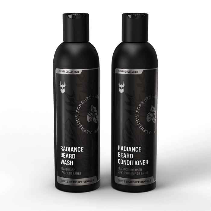 Radiance Beard Wash and Conditioner bundle in Alfheim's Forests scent, Silver Collection. The Beard Struggle