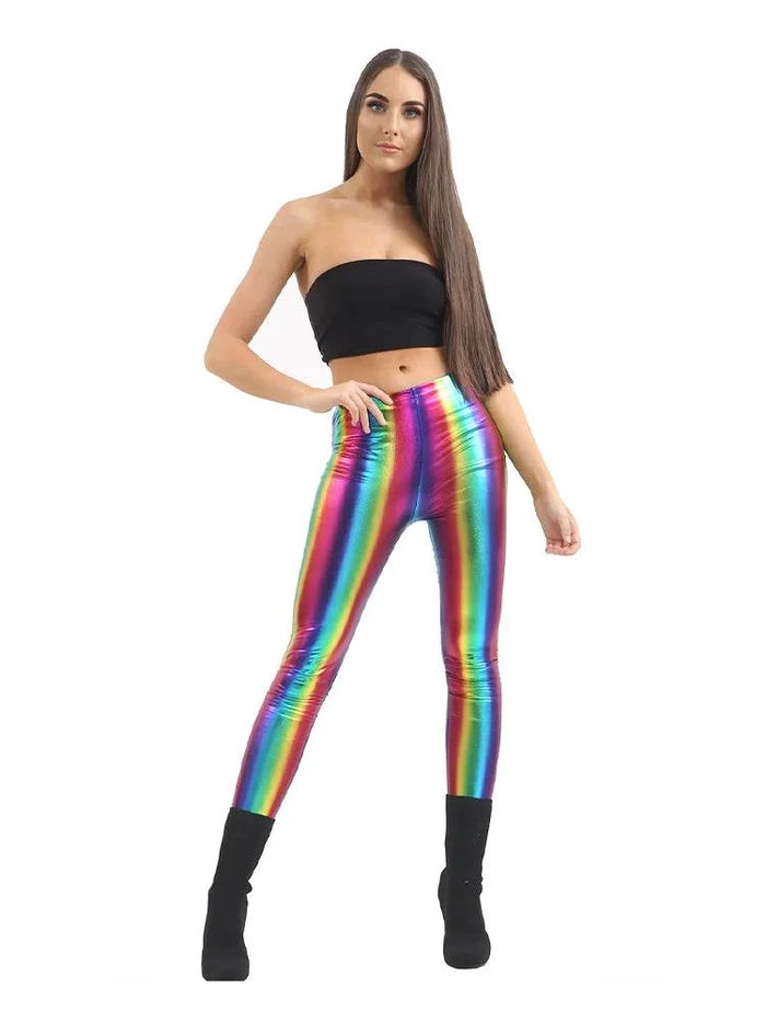 Rainbow Microfibre & Metallic Leggings - thefancydress.co.uk