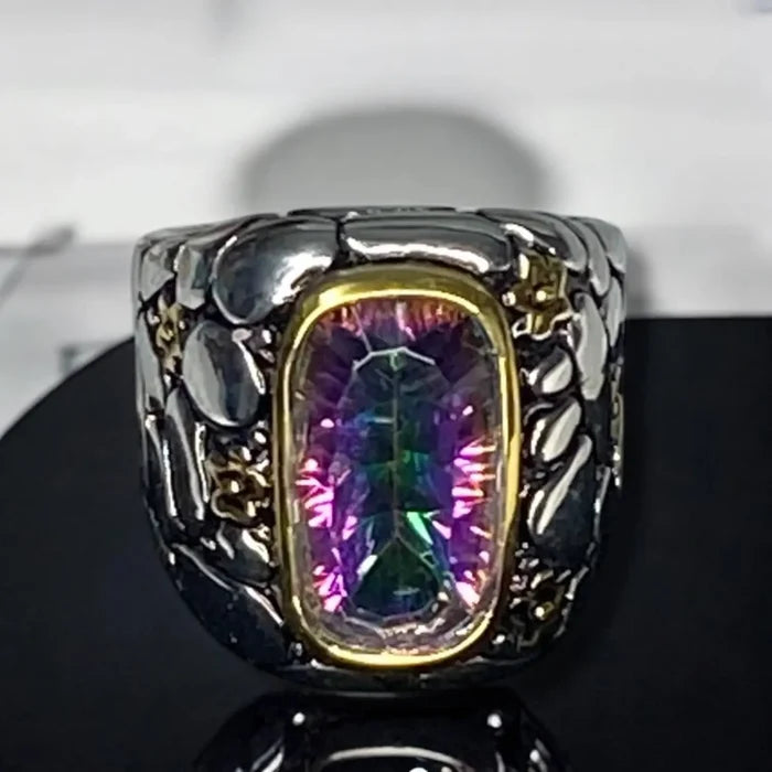 Rainbow purple topaz sterling silver statement ring with gold bezel and floral mosaic wide band