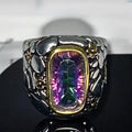 Rainbow purple topaz sterling silver statement ring with gold bezel and floral mosaic wide band
