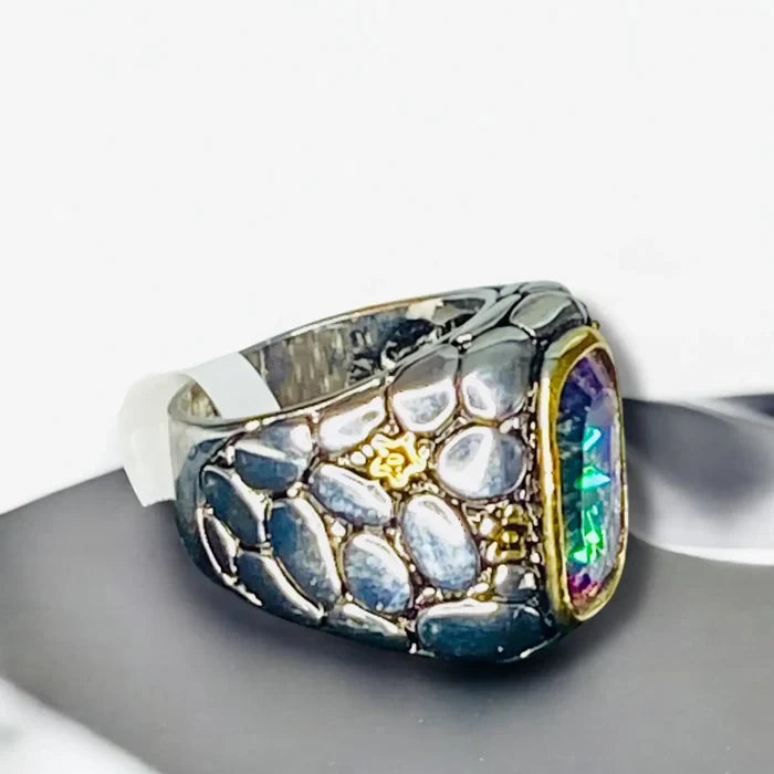 Rainbow purple topaz sterling silver statement ring with gold bezel and floral mosaic wide band