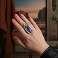 Rare Stichtite Sterling Silver Statement Ring with lavender marquise gemstone and handcrafted wide silver setting