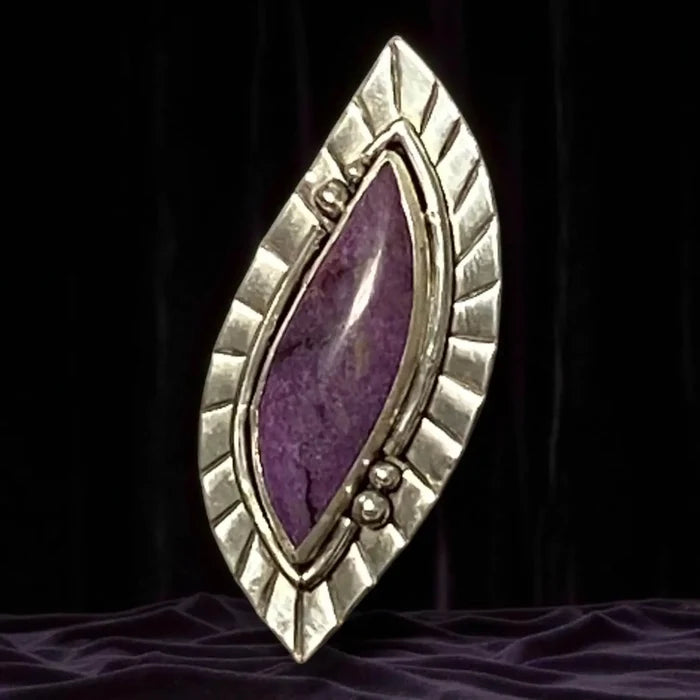 Rare Stichtite Sterling Silver Statement Ring with lavender marquise gemstone and handcrafted wide silver setting