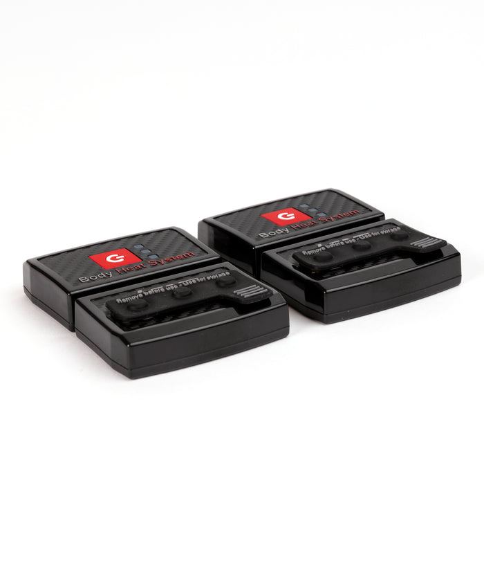 Two black electronic devices with red logos on a white background