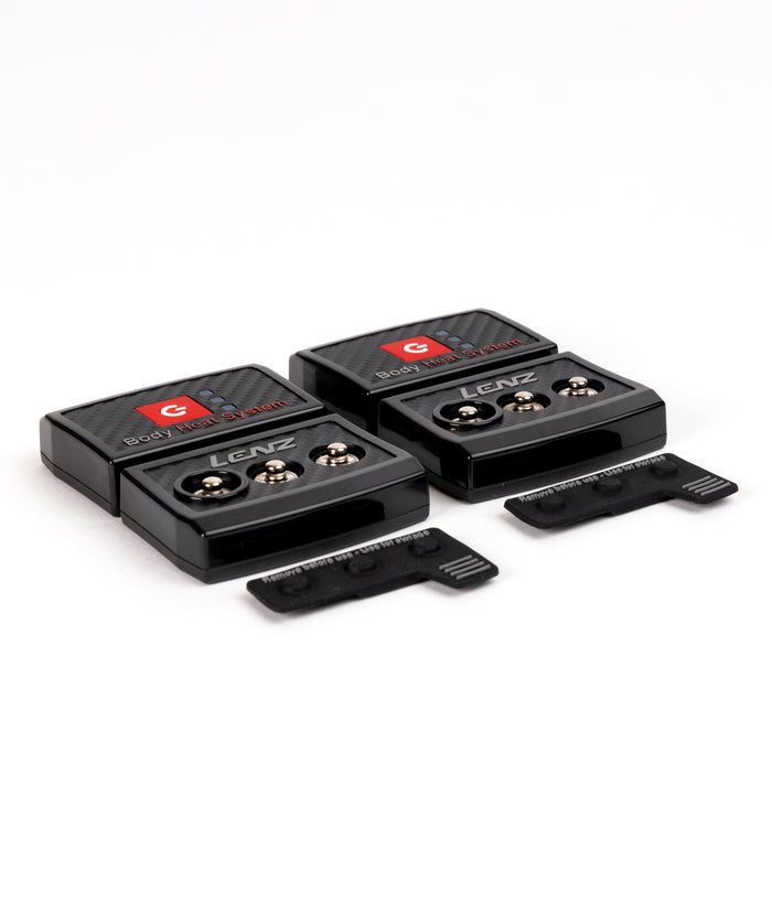 Set of black electronic components with visible branding on a white background
