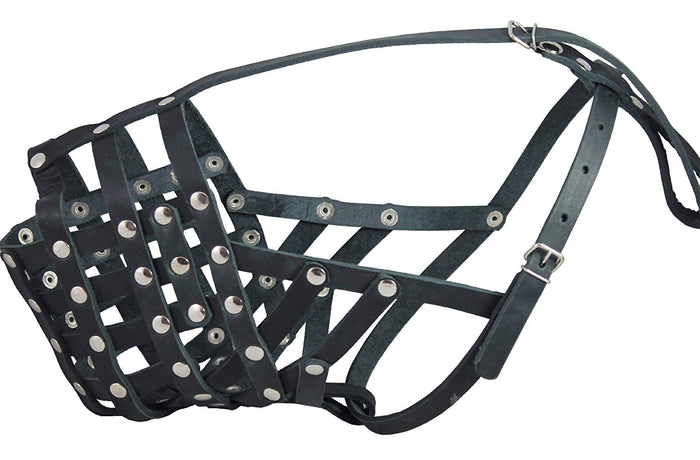 Real Leather Cage Basket Secure Dog Muzzle - Great Dane, Saint Bernard (Circumf 18.5", Snout 4.7")