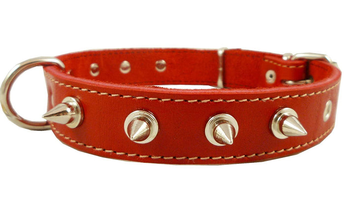 Real Leather Red Spiked Dog Collar Spikes, 1" Wide. Fits 14"-17" Neck, Medium Breeds