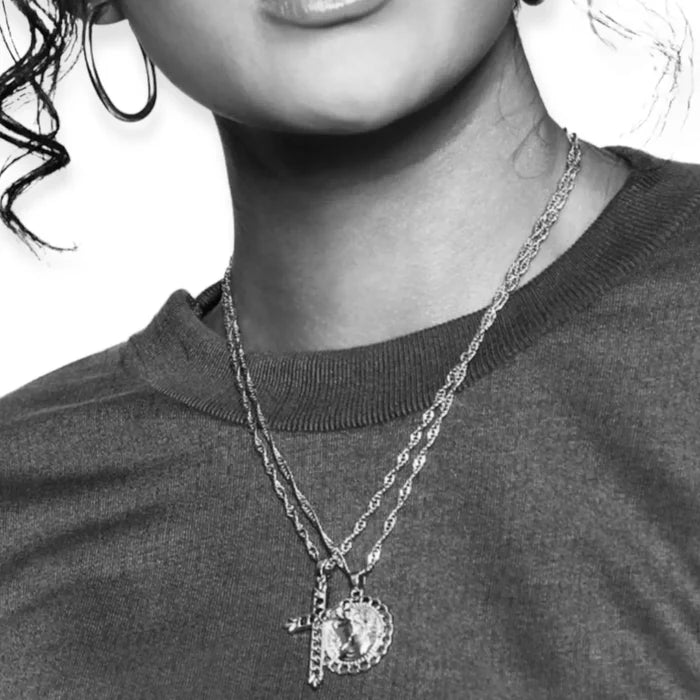 Silver Twisted Chain Charming Cross & Sovereign Necklace Set - Wild Time Fashion