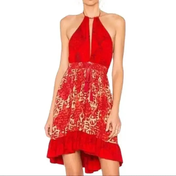 red abstract summer halter dress with ruffle trim front view