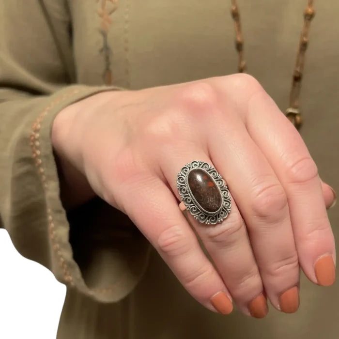 Red Dinosaur Fossil Sterling Silver Ring - fossil / Red / 8.75 - Women’s Rings