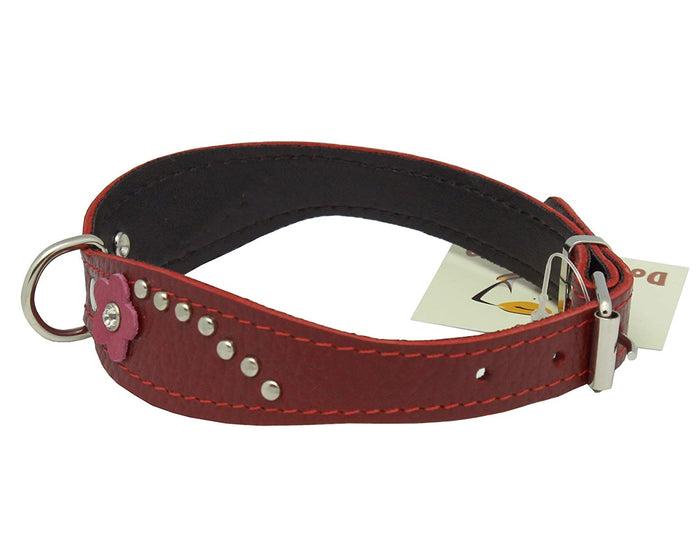 Red Genuine leather Designer Dog Collar 14.5"x1" with Studs, Daisy, and Rhinestone