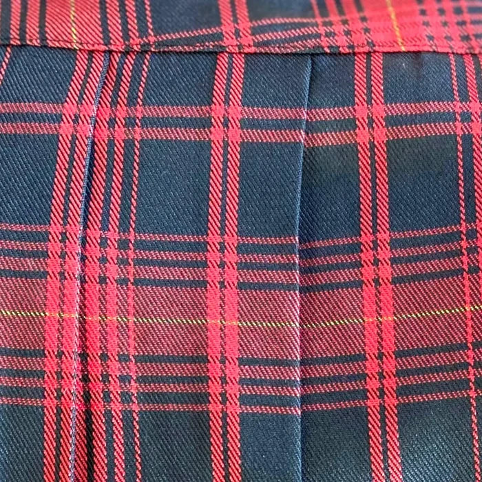 Red plaid pleated mini skirt with black and gold threading, silver snaps, and adjustable black leg strap. Plus size, punk gothic style with hidden black shorts lining.