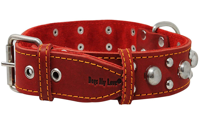 Red Real 1.5" Wide Thick Leather Studded Dog Collar. Fits 17"-21.5" Neck.