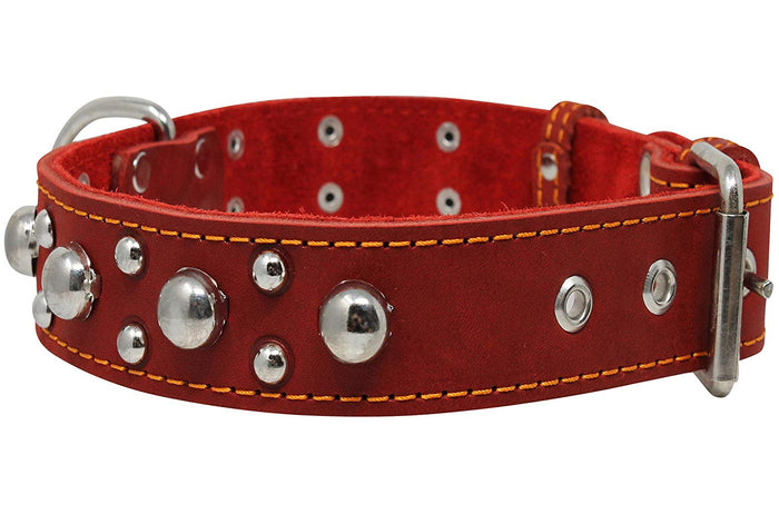 Red Real 1.5" Wide Thick Leather Studded Dog Collar. Fits 17"-21.5" Neck.