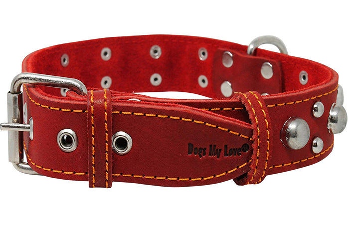 Red Real 1.5" Wide Thick Leather Studded Dog Collar. Fits 17"-21.5" Neck.