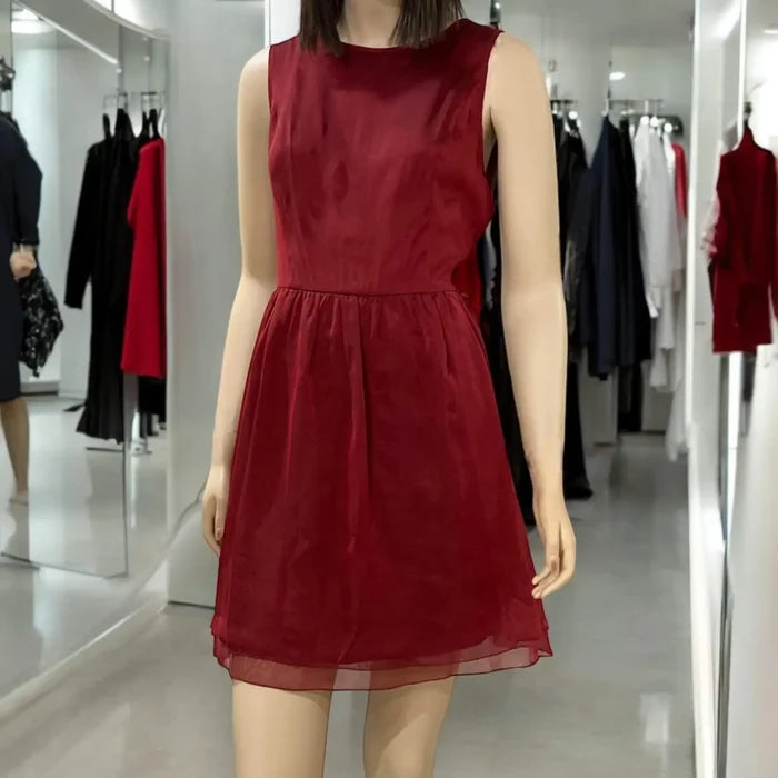 Red Satin Sleeveless Above Knee Flare Dress