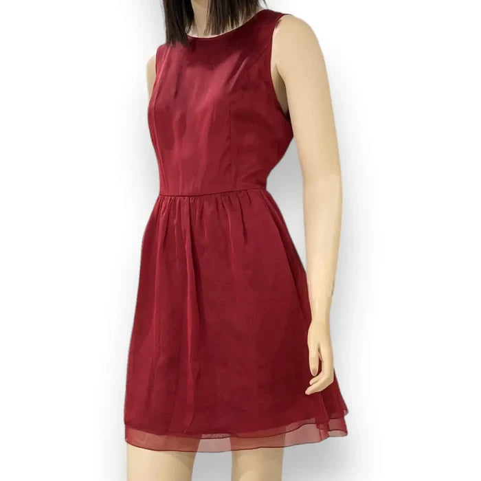 Red Satin Sleeveless Above Knee Flare Dress