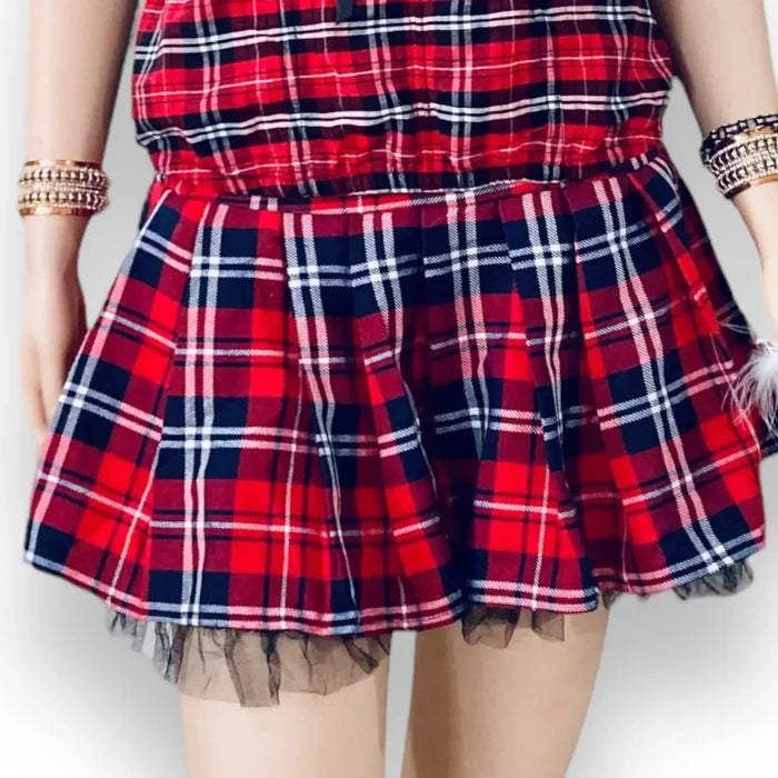 Red tartan tulle mini skirt with black mesh scalloped trim and wide waistband