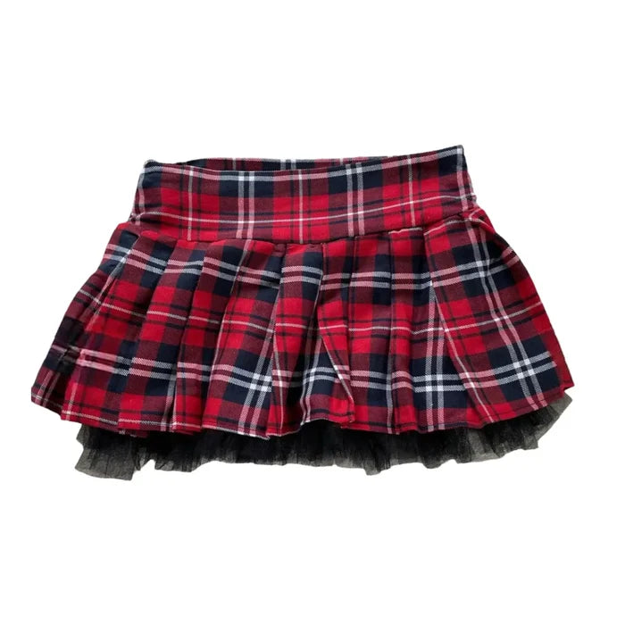 Red tartan tulle mini skirt with black mesh scalloped trim and wide waistband