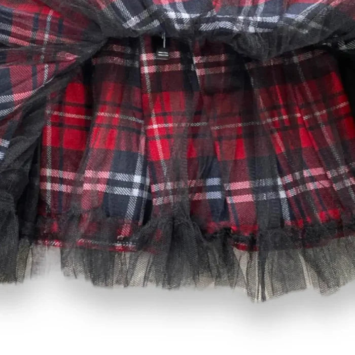 Red tartan tulle mini skirt with black mesh scalloped trim and wide waistband