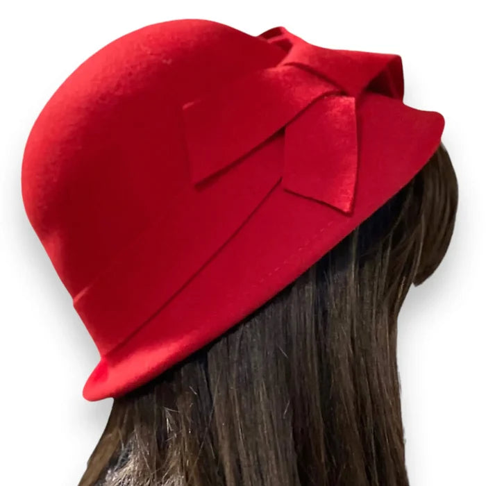 Red Wool Bow Cloche Hat- Wild Time Fashion